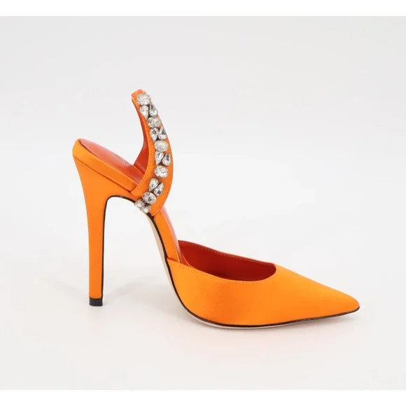 Aminah Abdul Jillil Soleil Women Slingback Rhinestone Stillet Orange Satin Sz 6M